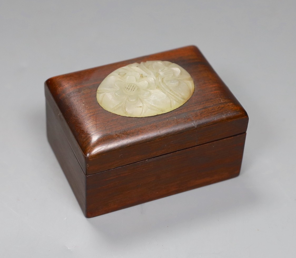 A Chinese hardwood and bowenite jade mounted box, 9.5cms wide x 5cms high